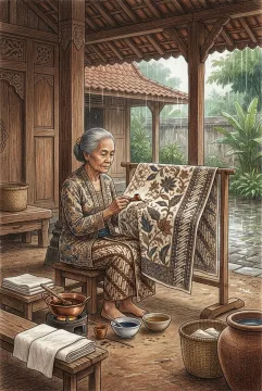 Colored pencil drawing of a Javanese batik artisan applying wax to patterned cloth inside a traditional wooden workshop during gentle rain.