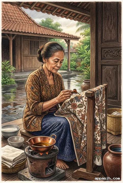 Detailed colored pencil drawing of a Javanese batik artisan working with a canting tool beside patterned cloth in a rainy traditional village workshop.