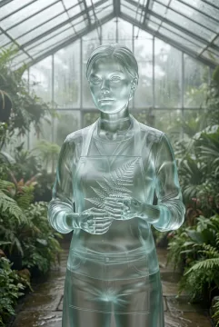 Translucent glass botanist holding a crystalline fern in a misty conservatory with soft aqua reflections.