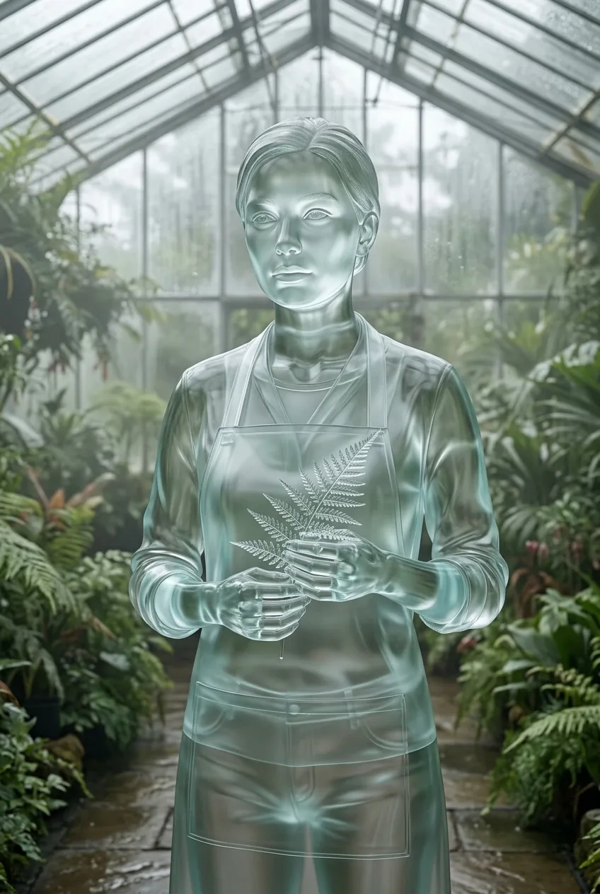Translucent glass botanist holding a crystalline fern in a misty conservatory with soft aqua reflections.