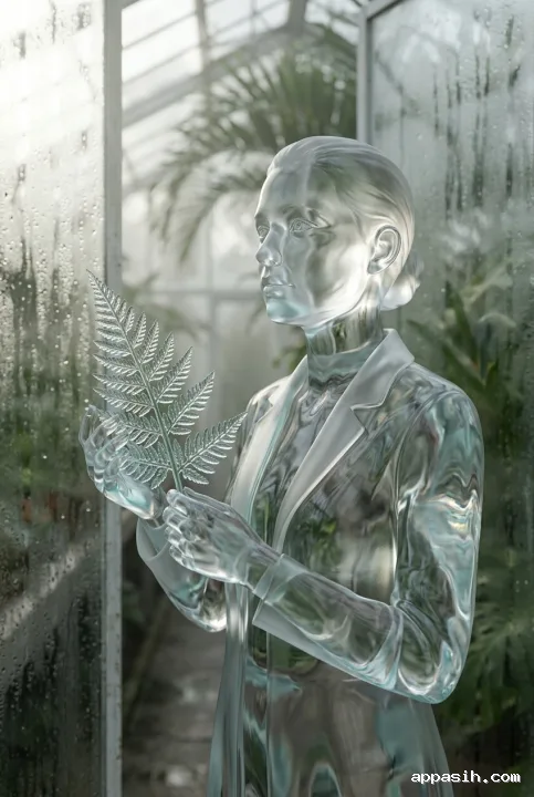 Closer three-quarter portrait of a translucent glass botanist holding the same crystalline fern inside a misty conservatory.