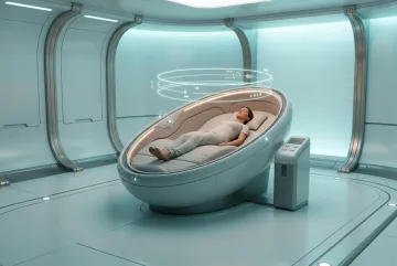 Adult resting inside a futuristic recovery pod with glowing biometric light rings in a calm sci-fi wellness suite.