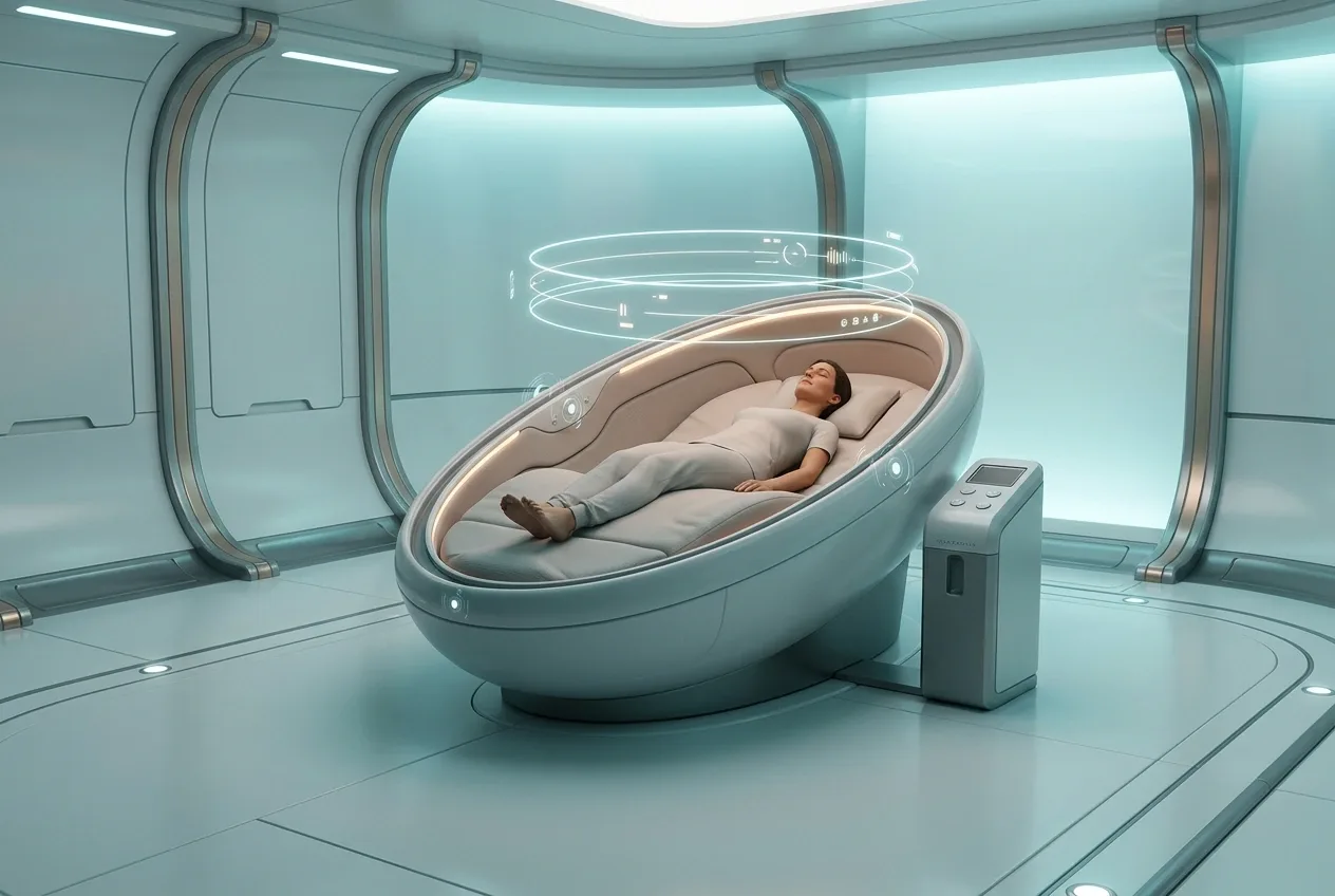 Adult resting inside a futuristic recovery pod with glowing biometric light rings in a calm sci-fi wellness suite.