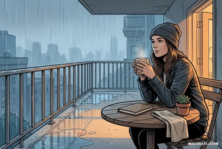 Closer three-quarter view of the same young adult enjoying coffee on a rainy apartment balcony in Cartoon Comic Book style, with bold ink lines, wet reflections, potted greenery, and warm doorway light.