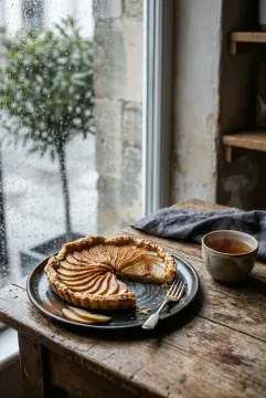 Cinematic spiced pear tart beside a steaming cup of tea on a dark wooden table next to a rain-streaked bakery window.