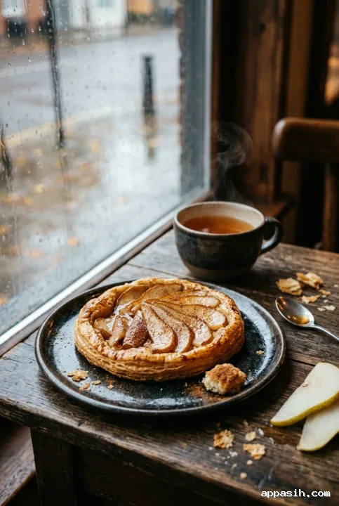 Close cinematic view of a spiced pear tart and steaming amber tea beside a rain-streaked bakery window with warm pastry highlights and cool rainy shadows.