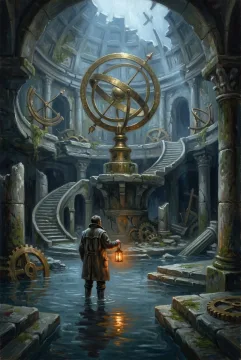 Lantern keeper standing in a flooded ancient observatory beneath a giant brass celestial mechanism, rendered as an atmospheric oil painting.