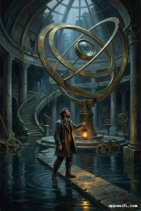 Lantern keeper on a flooded stone walkway studying a monumental brass celestial mechanism inside a ruined observatory, painted in detailed oil painting style.