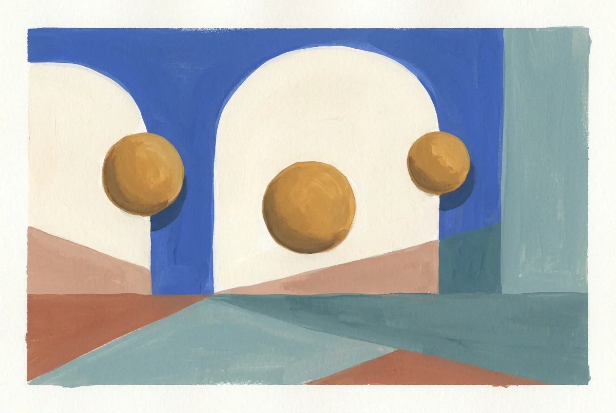 Abstract gouache painting with floating ochre spheres, cobalt arches, and layered cream, clay, and teal geometric planes.