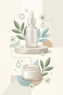 Portrait skincare infographic illustration with an unbranded serum bottle, cream jar, botanical leaves, water droplets, and abstract ingredient symbols.