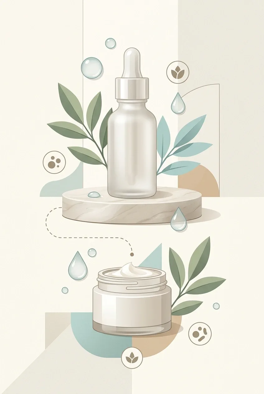 Portrait skincare infographic illustration with an unbranded serum bottle, cream jar, botanical leaves, water droplets, and abstract ingredient symbols.