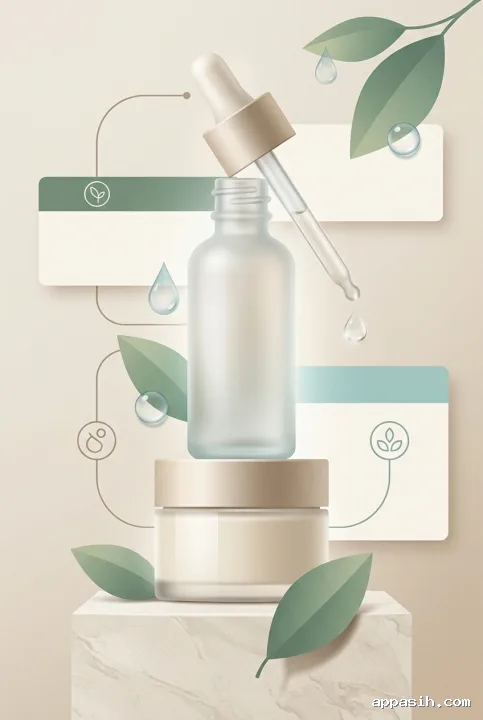 Close portrait skincare infographic illustration showing the same unbranded serum bottle and cream jar with botanical leaves, hydration droplets, abstract ingredient symbols, and a suspended serum drop.
