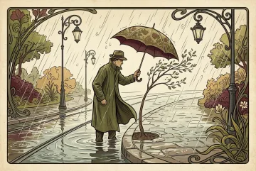 Commuter holding an umbrella over a young tree on a rain-flooded city boulevard in a Retro Art Nouveau editorial scene.