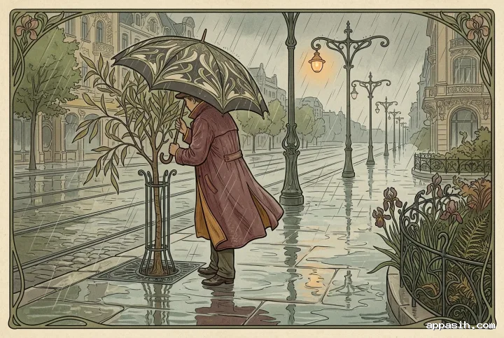 Commuter sheltering a young tree with an umbrella on a reflective flooded boulevard, shown in a wider Retro Art Nouveau editorial composition.