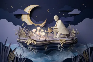 Surreal paper cut moon gardener tending glowing flowers on a floating night meadow beneath a large crescent moon.