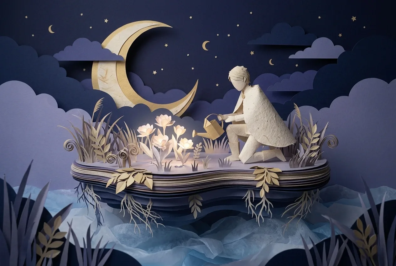 Surreal paper cut moon gardener tending glowing flowers on a floating night meadow beneath a large crescent moon.