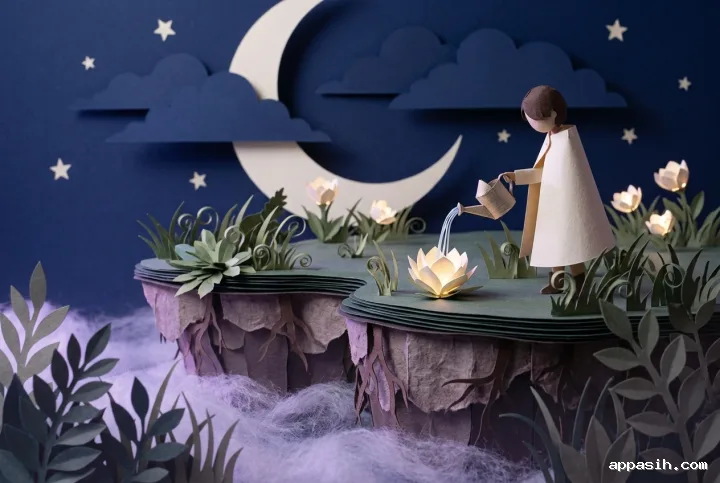 Paper cut moon gardener pouring water onto glowing flowers in the same floating night meadow beneath a layered crescent moon.