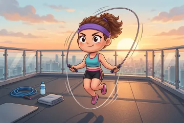 Chibi athlete skipping rope on a rooftop fitness deck at sunrise with exercise mat and workout accessories nearby.