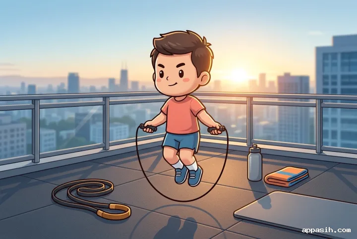 Chibi athlete airborne during jump rope training on the same sunrise rooftop fitness deck with gym mat and workout accessories.