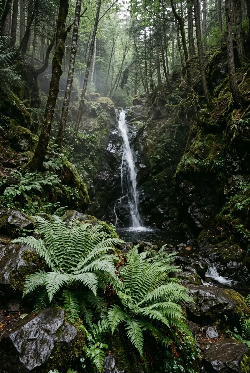Silver-green ferns beside a narrow misty forest waterfall flowing over dark wet volcanic rocks in soft morning light.