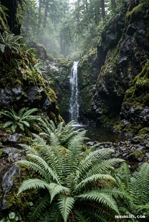 Close portrait view of silver-green ferns covered in droplets beside the same misty forest waterfall and dark volcanic rocks under soft diffused morning light.
