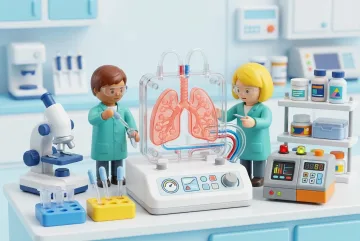3D Plastic Toy Style lung-on-chip research laboratory with miniature scientists examining a transparent microfluidic lung model.