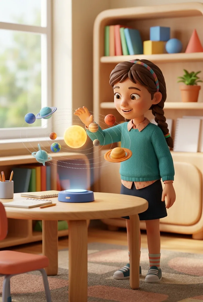 Curious student examining a colorful floating solar system learning model in a bright classroom rendered as a polished 3D Cartoon scene.