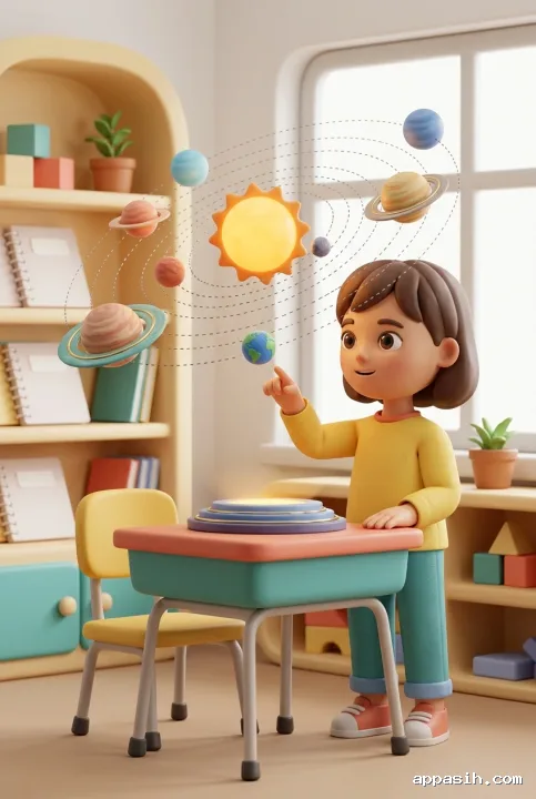 Student pointing toward a glowing planet within a floating solar system learning model in the same bright classroom, shown in a detailed 3D Cartoon portrait composition.