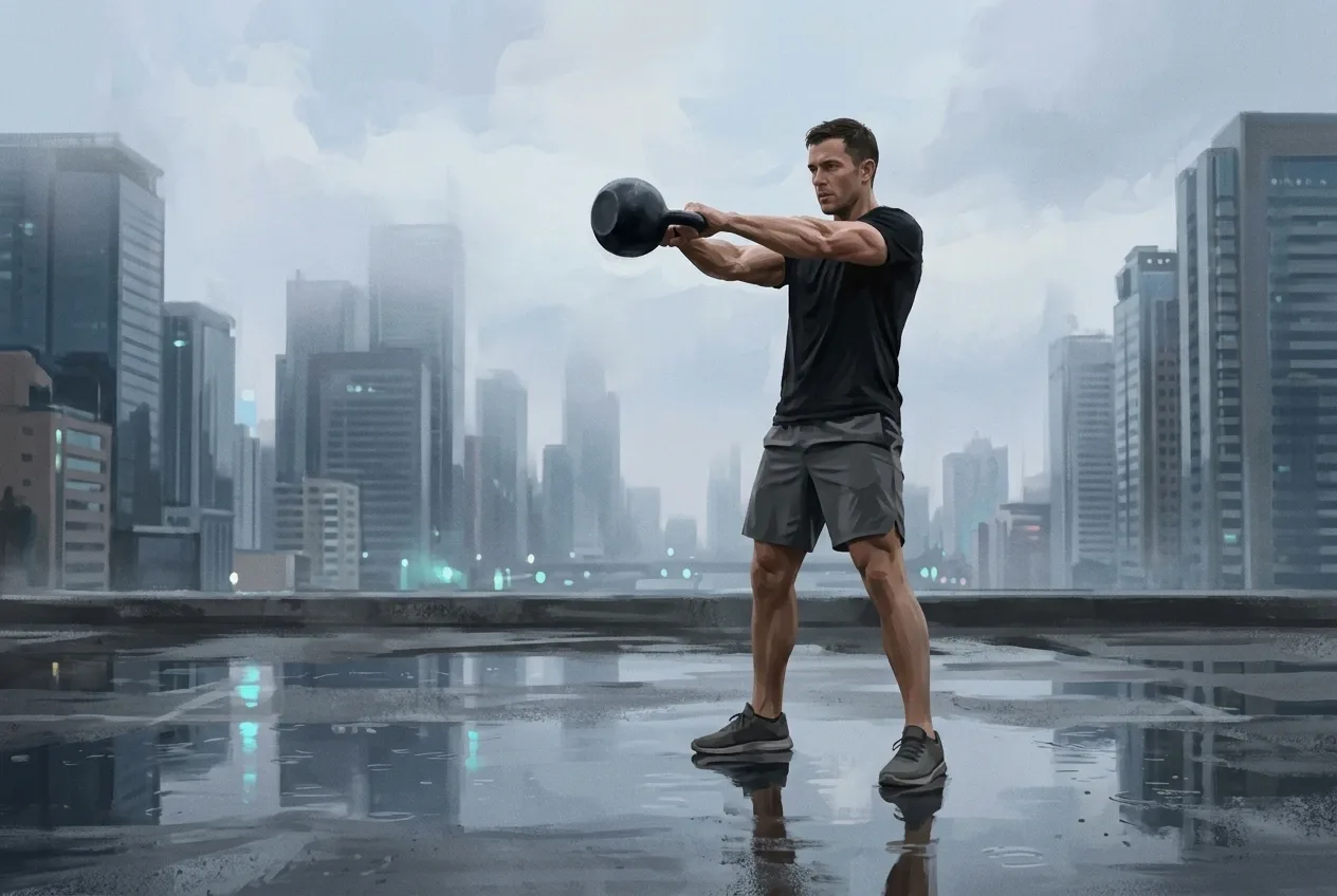 Athlete performing a kettlebell swing on a rain-soaked city rooftop in a misty digital painting.