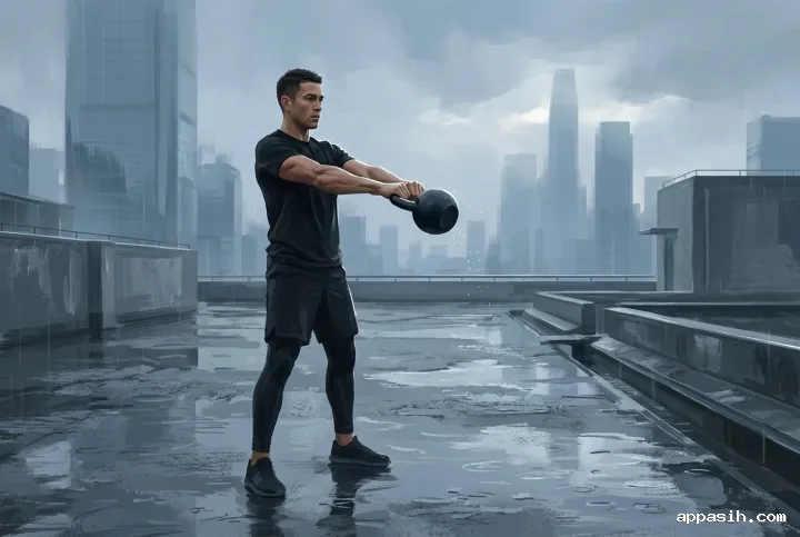 Three-quarter view of an athlete swinging a black kettlebell on the same rainy urban rooftop with misty buildings and reflective puddles in a detailed digital painting.