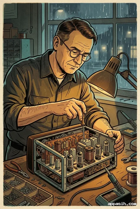 Retro Illustration close portrait of the same radio repairer adjusting an analog radio at his rain-lit midnight workshop bench.