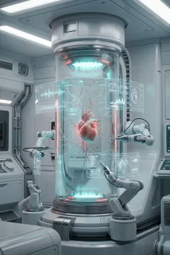 Bioengineered heart tissue growing inside a transparent futuristic regeneration chamber in an advanced biomedical laboratory.