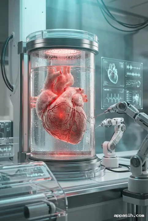 Detailed futuristic concept art of bioengineered heart tissue developing inside a transparent regeneration chamber with robotic instruments in a biomedical laboratory.