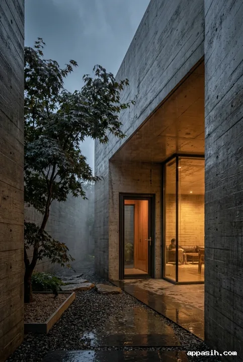 Closer cinematic view of the same brutalist courtyard residence showing rain-darkened board-formed concrete, an ornamental tree, reflective paving, mist, and warm light inside the recessed entrance.