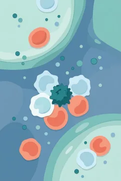 Flat illustration of white blood cells surrounding a foreign particle inside a microscopic biological environment.
