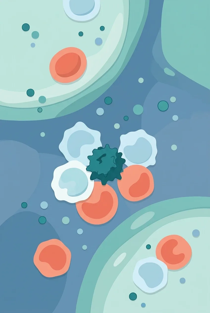 Flat illustration of white blood cells surrounding a foreign particle inside a microscopic biological environment.