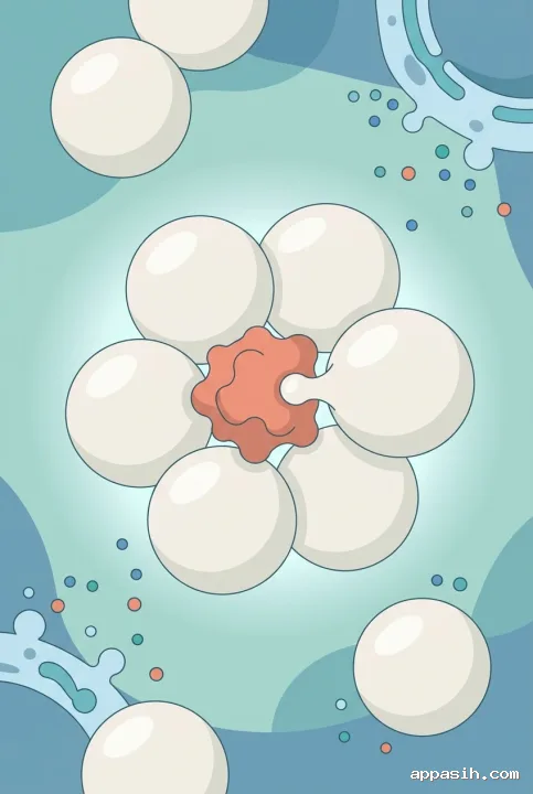 Close portrait flat illustration of immune cells converging around a foreign particle in a stylized microscopic biological environment.
