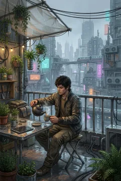 Cyberpunk resident pouring tea in a rainy rooftop garden above a neon futuristic city at dawn.