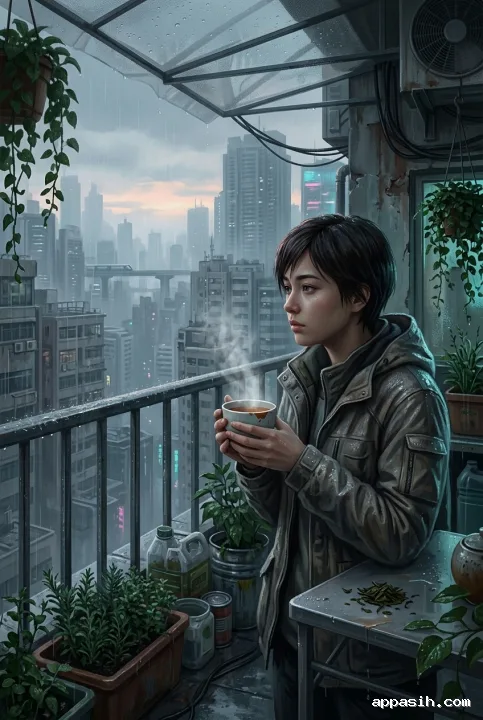 Closer cyberpunk concept art of a resident holding a tea cup beside a rainy rooftop garden with a misty neon city at dawn.