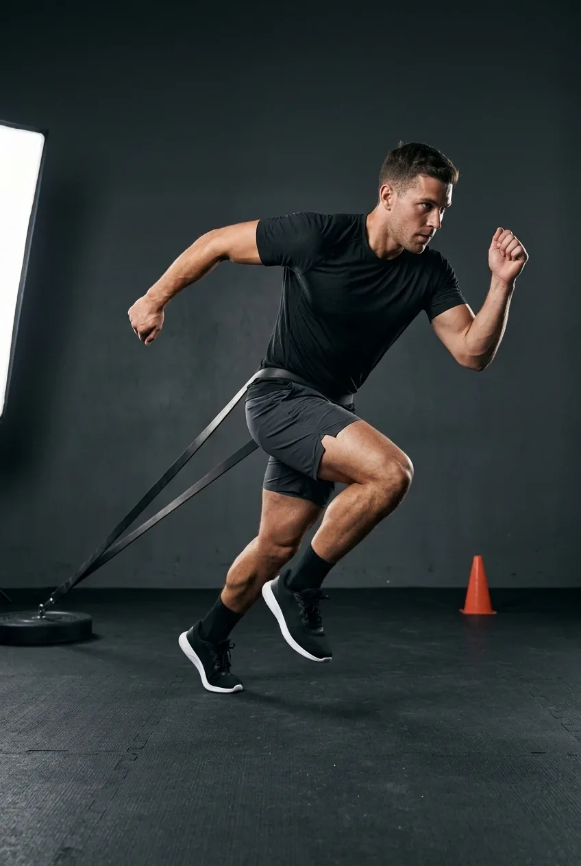 Athlete performing a resisted sprint drill with a waist-mounted training band in a minimalist fitness studio.