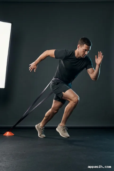 Athlete driving through a resisted sprint step with a waist-mounted training band under controlled studio lighting.