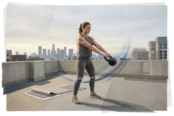 Athletic woman doing a kettlebell swing on an urban rooftop at dawn in a layered mixed media fitness collage.