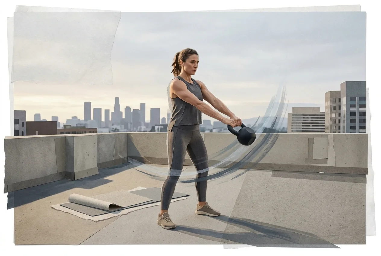 Athletic woman doing a kettlebell swing on an urban rooftop at dawn in a layered mixed media fitness collage.
