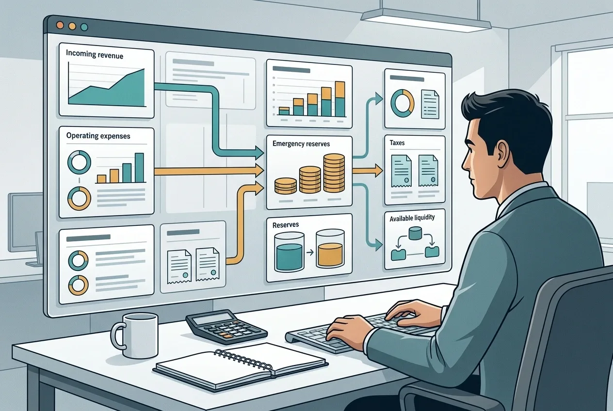 Small business owner reviewing a technical cash flow dashboard with revenue, expenses, reserve funds, and liquidity indicators.