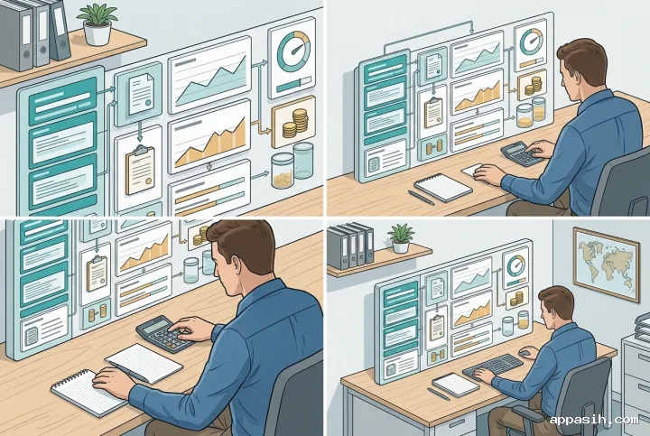 Small business owner using a detailed technical cash flow control system linking revenue, expenses, reserves, taxes, and liquidity.