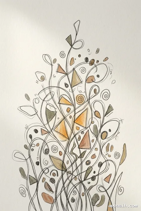 Detailed abstract doodle paper garden with looping stems, geometric leaves, seed-like dots, and textured hand-drawn botanical marks.