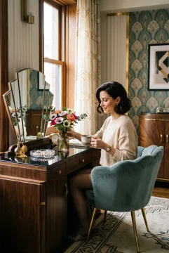 Woman drinking morning coffee beside an Art Deco vanity in a retro apartment with geometric mirror, brass accents, patterned rug, and soft window light.
