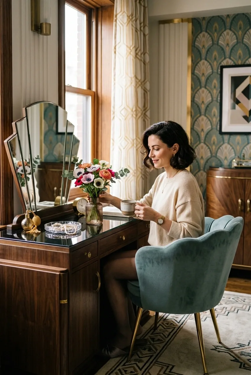 Woman drinking morning coffee beside an Art Deco vanity in a retro apartment with geometric mirror, brass accents, patterned rug, and soft window light.