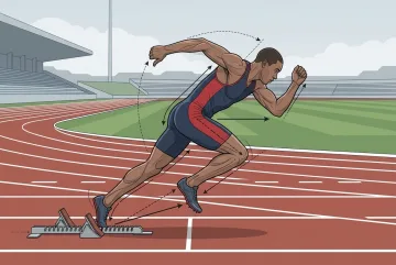 Graphic technical illustration of a sprinter launching from starting blocks on an outdoor running track with biomechanics and acceleration motion cues.