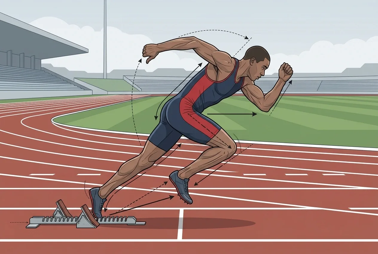 Graphic technical illustration of a sprinter launching from starting blocks on an outdoor running track with biomechanics and acceleration motion cues.